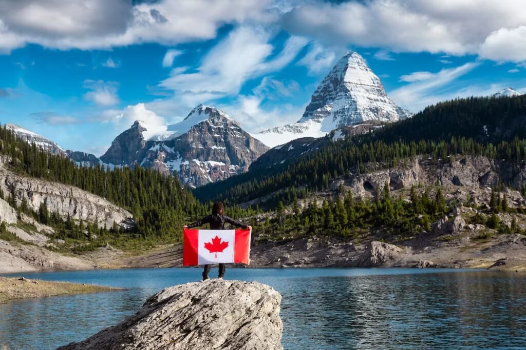 canada flag in front of mountain